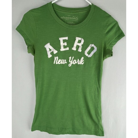 VTG Aeropostale T-Shirt Baby Tee Womens Large Green Cap Sleeve Distressed Logo - Picture 1 of 11